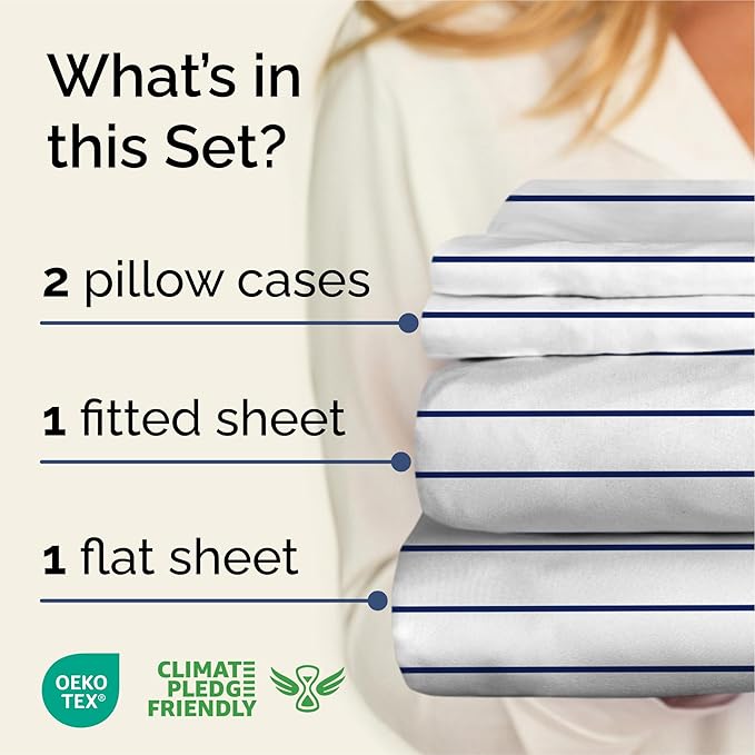 Striped Sheets - Navy Blue & White Striped Sheets - 1 Flat & 1 Fitted & 2 Pillowcases w/ Deep Pockets – Wrinkle & Fade Free - Breathable & Cooling – Luxury Pinstripe Bedding - Cal King Size Bed Set