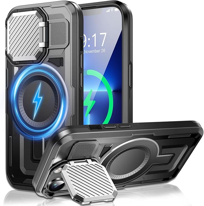 Camera Stand Case for iPhone 13 Pro, [Compatible with MagSafe] [Lens Cover] 2024 Version Military Grade Protective Soft Case for iPhone 13 Pro 6.1 inch Men Women, Black
