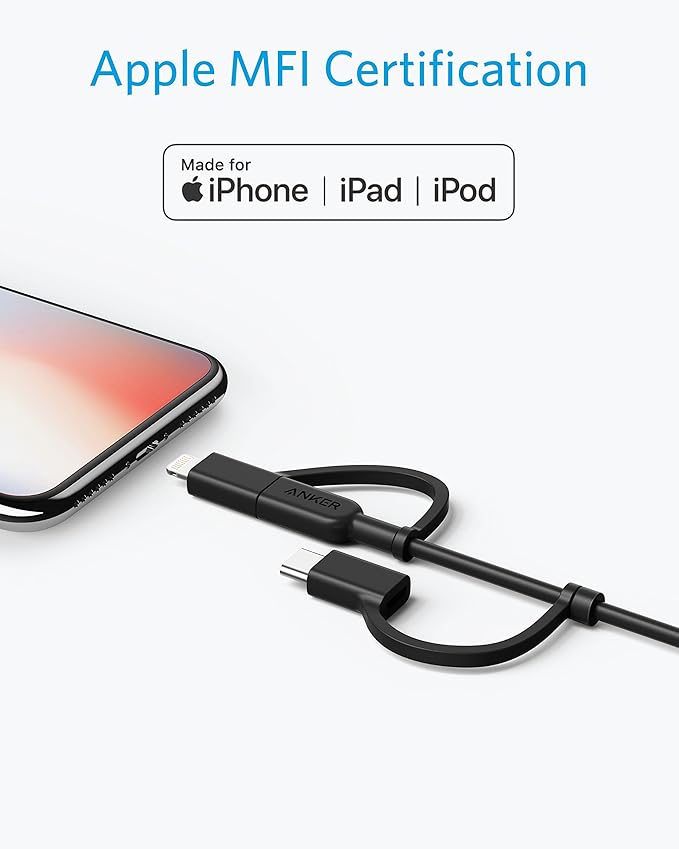 Anker Powerline II 3-in-1 Cable Lightning/Type C/Micro USB Cable for iPhone iPad Huawei HTC LG Samsung Galaxy Sony Xperia Android Smartphones iPad Pro 2018 and More(3ft Black) | 3-in-1 Cable