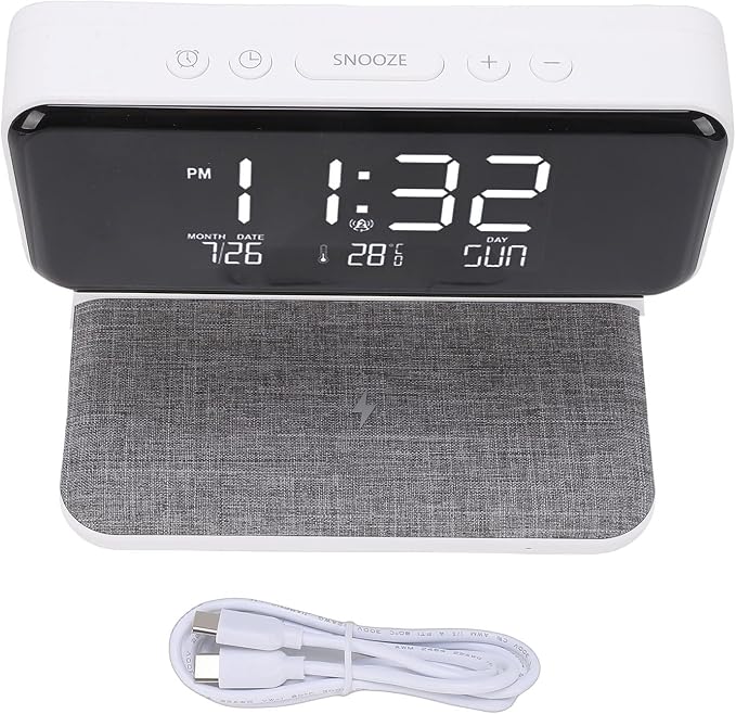 3 in 1 Wireless Charging Digital Alarm Clock with 15W Fast Charger Night Light Date Temperature Display for Bedroom Desk