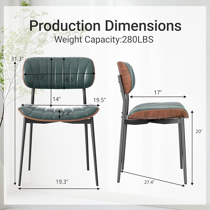 Mid Century Modern Dining Chairs Set of 2,Upholstered Faux Leather Kitchen Chairs with Walnut Bentwood Back and Metal Legs for Kitchen Dining Room Living Room, Green