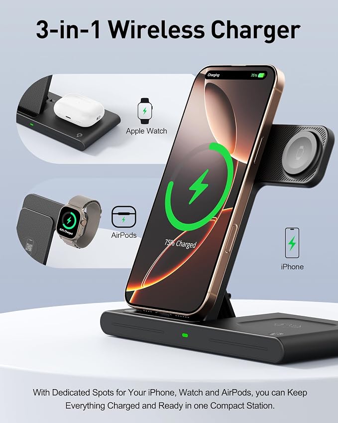 2026 Travel Portable Wireless Fast Charging Station for Apple &amp Android | 3 in 1 Charging for iPhone17 16 15 14 13 12Apple Watch Series &amp Air pods 4 3 2 ProSamsung Galaxy