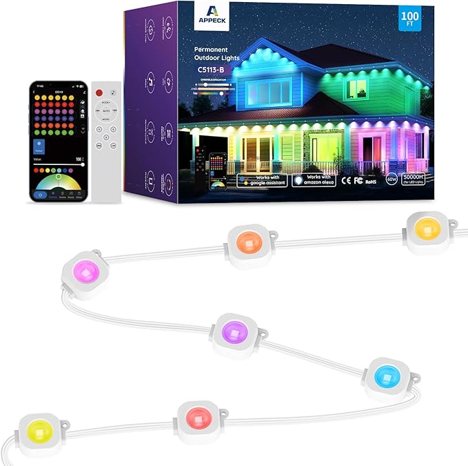 Permanent Outdoor Lights 100ft,RGBW Eaves Light with 72 LED Lights,111+ Scenes Modes Outdoor Lighting, Waterproof Permanent Light for Daily Holiday Halloween Decorations, Compatible with Alexa,White