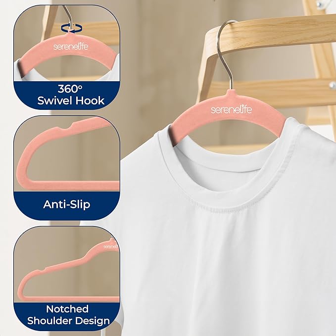 50 Pieces Velvet Hangers - Space Saving Heavy Duty Slim Suit Clothes Hanger Set with 360 Degree Swivel Metal Hook, Can Hold Up to 10 Lbs. for Coats, Jackets, Pants & Dress (Pink)