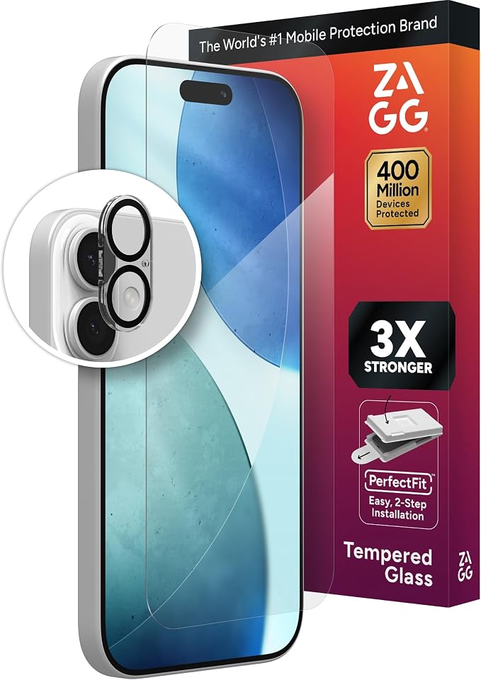 ZAGG Glass+ Screen &amp Camera Lens Protection for iPhone 17 Pro Max - Impact &amp Shatter Protection Full Coverage Scratch &amp Smudge-Resistant Tempered Glass Anti-Reflective Camera Lens Protec