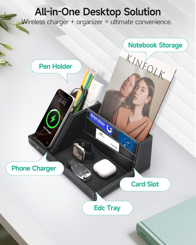 Fast Wireless Charging Station with Desk Organizer for iPhone 17/16/15/15 Pro/14/14 Pro Max/14 Pro/14 Plus/13/13 Pro Max/13 Pro/and iPhone 12/11 Series Nightstand Desktop Organizer for Home Office