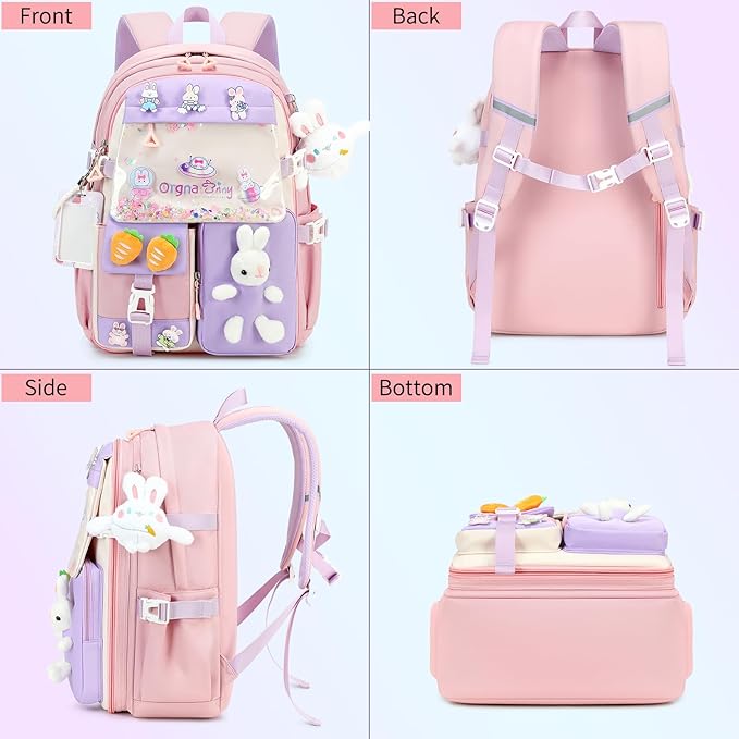 Backpack for Girls Cute Bookbag Set with Lunch Box Pencil Case Kawaii Bunny School Backpacks for Girl 3 Pcs Kindergarten Elementary Preschool Middle Sequin School Bag for Girls (Pink)