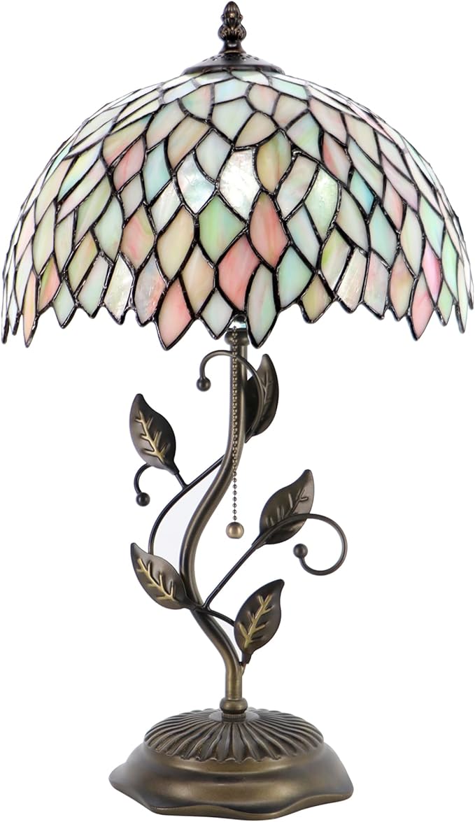 Tiffany Table Lamp, Stained Glass Style Desk Lamp, 12X12X19 Inch,Bedside Reading Light, Metal Leaf Base（Seven Color Wisteria Style