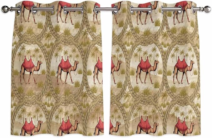 2 Panel Kitchen Cafe Curtains, Desert Camels Sunlight Filtering Nature Air