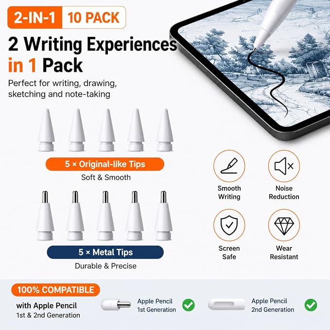 10 Pack Apple Pencil Tips Replacement Nibs - Metal &amp ABS Fine Point Tips for Apple Pencil Pro/1st Gen/2nd Gen/USB-C iPad Pro/Air/Mini Screen Safe Reinforced Core Precision Drawing &amp Writin