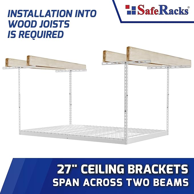 SafeRacks 4x6 Overhead Garage Storage Rack - Height Adjustable Steel Overhead Storage Rack - 500 Pound Weight Capacity (White, 12"-21")