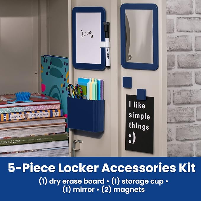 LockerMate 6-Piece Locker Organizer Kit, Includes Mirror, Whiteboard, Storage Cup & Dry Erase Marker, Navy