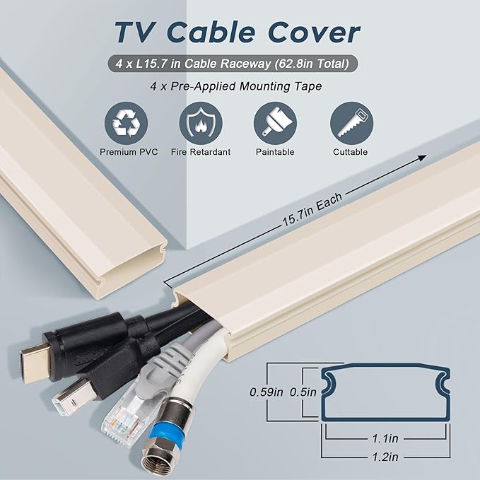 TV Cable Hider - 62.8in PVC Cord Hider Cable Management Wall, Paintable Cable Concealer for Wall Mounted TV, Cable Raceway Beige Wire Hider, Wall Wire Covers for Cords, 4* L15.7in *W1.2in *H0.59in