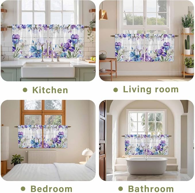 Spring Flowers Tier Curtains, Watercolor Garden Florals Wooden Grain Light