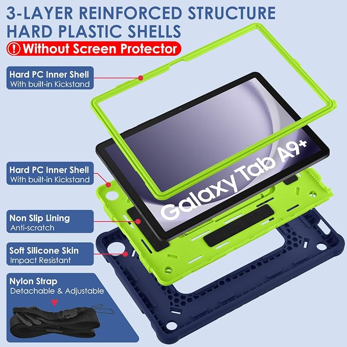 DETUOSI Case for Samsung Galaxy Tab A9+/A9 Plus Case 11 inch 2024/2023 (SM-X210/X216/X218) Heavy Duty Protection Shockproof Rugged Case for Galaxy Tab A9 Plus with Stand and Shoulder Strap
