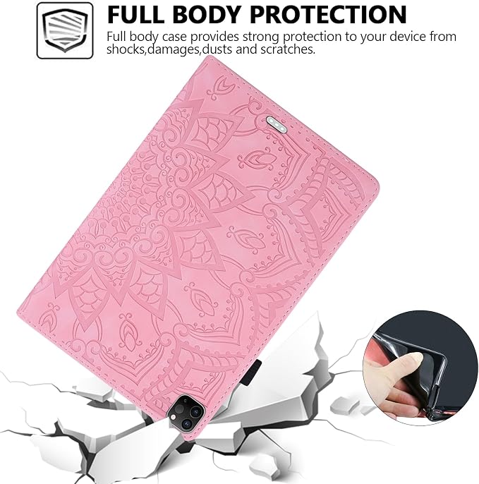Folio Case for iPad Pro 11 2018-2022 iPad Air 11 2025/2024/Air 10.9 - Techcircle Stand Mandala Embossed PU Leather Soft TPU Cover with Elastic Strap Card Slots Pencil Holder - Pink