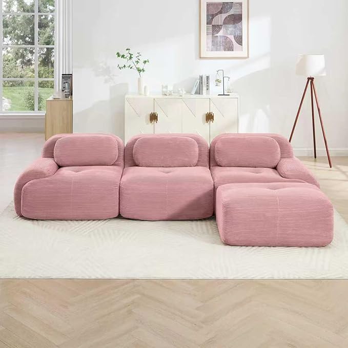 116" Modern Compressed Boneless Couch with Ottoman, 3 Seater Large L Shaped Sectional Couches for Living Room, Pink Corduroy Cloud Modular Sectional Sofa, Memory Foam, Extra Deep, No Assembly
