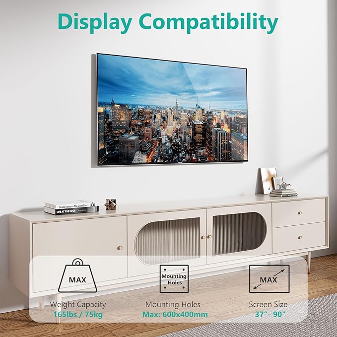 WALI TV Wall Mount Bracket for 37-90 Inch Flat Curved TVs up to 165 lbs, Low Profile Wall Mount Holds Your TV 1.1 Inch from The Wall, Mounting Holes up to 600x400mm (TTM-2), Black