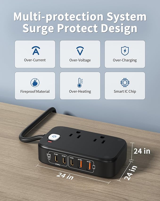 KWRNVO 7-in-1 Power Strip, 85W PD USB C Power Strip with 3 USB-C, 2 USB-A Ports and 2500W AC Outlet, Flat Plug Essentials for Home/Office/College/Travel (Black)