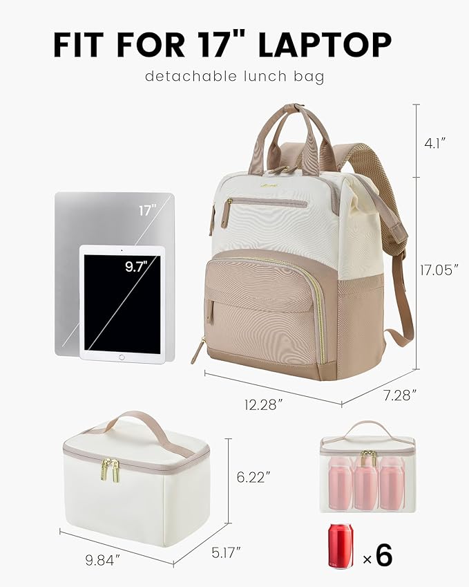 LOVEVOOK Lunch Backpack for Women, 17 Inch Laptop Bag with Insulated Cooler Lunch Box, Work Backpack for Teacher Nurse, Travel Backpack Lunch Bag for Camping Picnic Daily Use