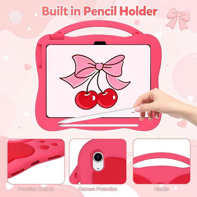 VOFUOE for iPad A16 Case Kids iPad 11th/10th Generation Case 11 Inch 2025 | Cute Bow Soft Silicone iPad 10th Cover 10.9 Inch 2022 for Girls Built-in Handle Rotatable Stand Pencil Holder-Pink Purple