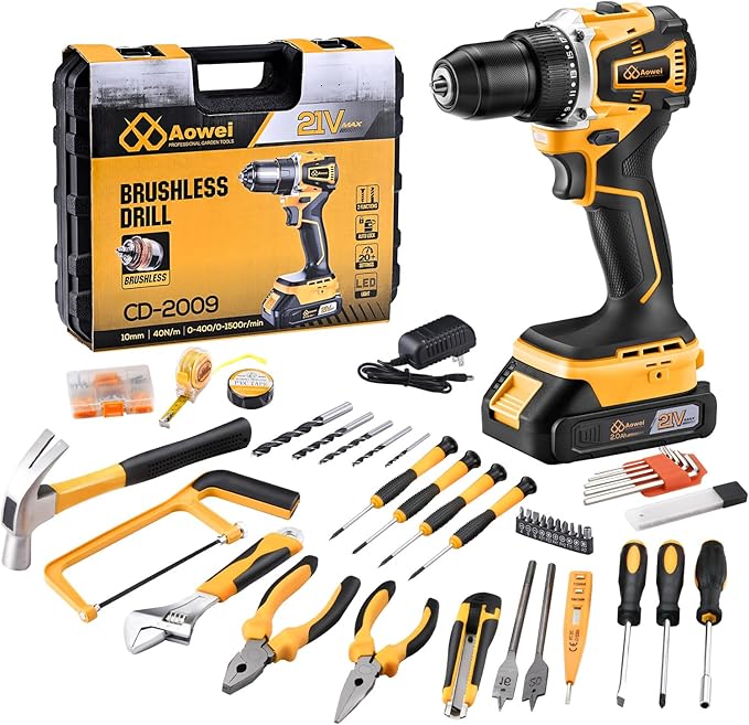 Brushless Motor Tool Kit Set: Yellow 21V Cordless Drill, Power Drill Tool Box,3/8" Keyless Chuck, 2 Variable Speeds, with Battery and Charger Included
