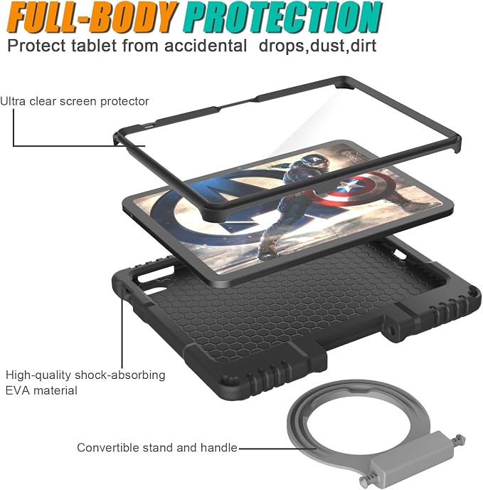 Kids Case for iPad 10th Generation 10.9-inch (2022) &amp iPad Air 11-inch M2 (2024) &amp iPad Pro 11-inch M4 (2024) Lightweight Shockproof Case Built-in Screen Protector with Handle Stand Black