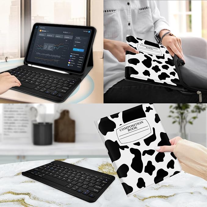 for Bluetooth Keyboard for iPad 10th Gen 10.9 inch (2022) case (A16) 11th / 10th Gen Case 11'' (2025) with 7-Color Backlights Pencil Holder Detachable Rechargeable - Black Cow