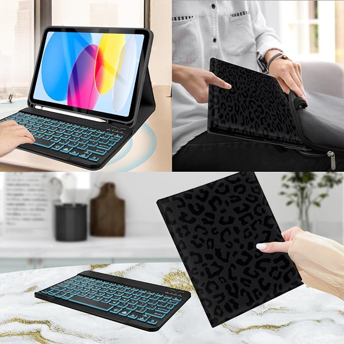 for Bluetooth Keyboard for iPad 10th Gen 10.9 inch (2022) case (A16) 11th / 10th Gen Case 11'' (2025) with 7-Color Backlights Pencil Holder Detachable Rechargeable - Black Cow