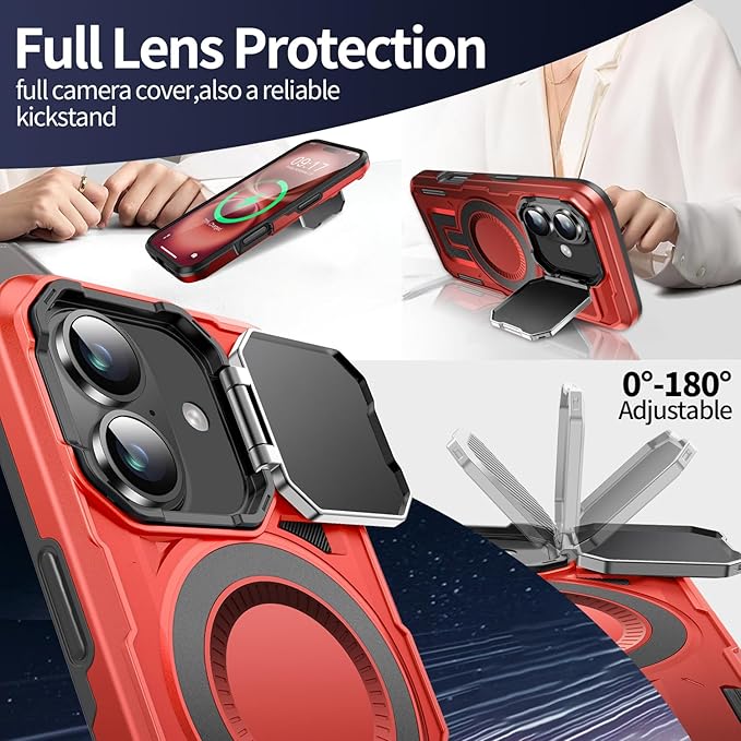 Camera Stand Case for iPhone 16, [Compatible with MagSafe] [Lens Cover] 2024 Version Military Grade Protective Soft Case for iPhone 16 6.1 inch Men Women, Red