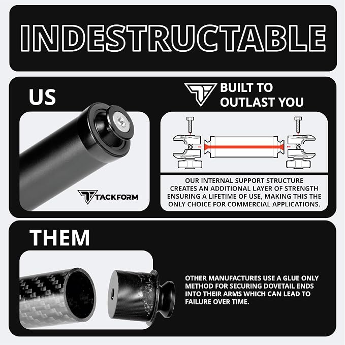 Tackform 10 Long 20mm Ball and Socket Arm DuraLock 20 Series Aluminum Tube Arm | Dual 20mm Sockets and Optional Anti-Theft Knobs | Black