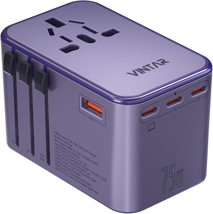 Universal Travel Adapter, VINTAR 75W GaN International Power Adapter with 3 USB C PD and 2 USB A QC, All in One Travel Essentials for UK/EU/USA/AUS, Travel Adapter Worldwide for Laptops Phones, Purple