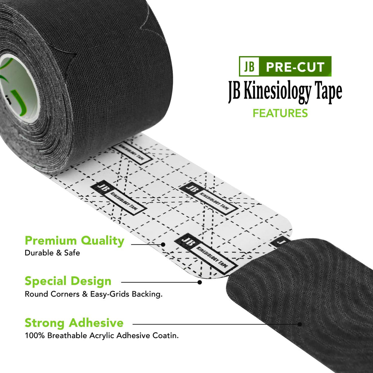 JB Tape Kinesiology Tape, Black, 80 Precut 10-Inch Strips, 4 Rolls