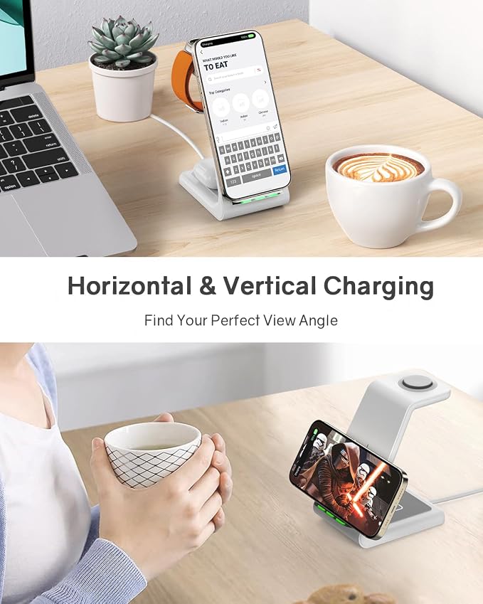 Wireless Charger Stand CIYOYO 3 in 1 Fast Wireless Charging Station Dock for Apple Watch 11/9/8/7/6/SE/5/4/3/2 Airpods 3/2/Pro iPhone 17/16/15/14/14 Plus/14 Pro Max/13/13 Pro/12/12 Pro/SE/X/XR/XS/8