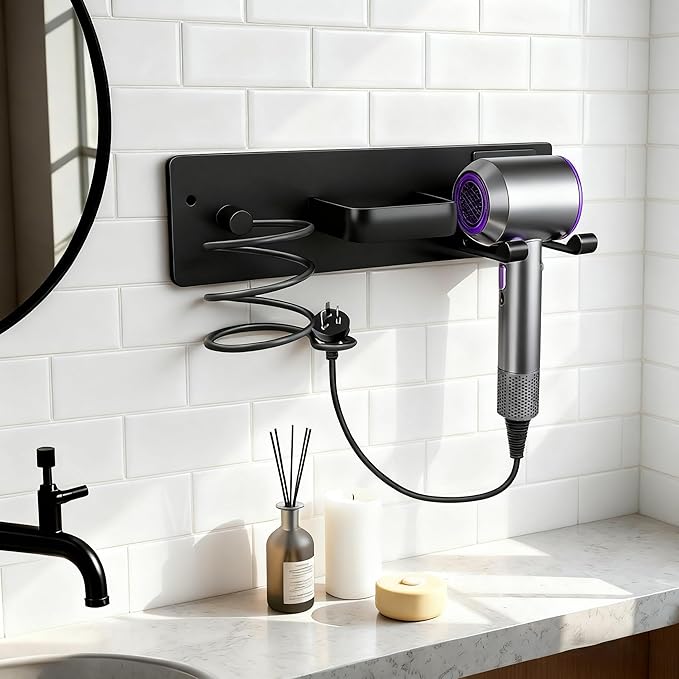 Dovyn Blow Dryer Holder Wall Mount, 3 in 1 Bathroom Hair Tool Organizer with Curling Iron Holder & Flat Iron Holder, Universal Hair Dryer Holder Rack Storage Matte Black
