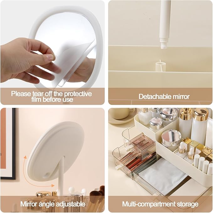 DASITON Makeup Organizer with Rechargeable Mirror and 3 Drawers,Skincare and Cosmetics Organizer Countertop,Makeup Brush Holder,Large Cosmetic Display Case for Vanity,Desk,Bathroom,Bedroom(Cream)