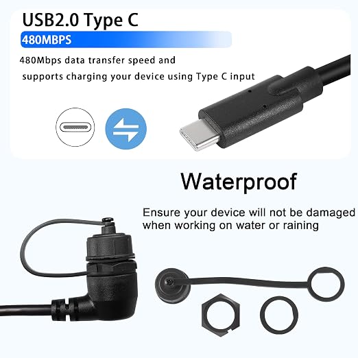 QIANRENON 90 Degree Angle USB C Flush Panel Mount Cable USB Type C 2.0 Female to Male Right Angle Waterproof Extension Cable Threaded to Dashboard or Panel 30cm/11.8 in (UP&ampDown Bend)