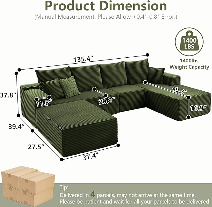 135" U-Shape Cloud Couch, Modern Modular Sectional Comfy L-Shape Sofa with Ottoman, Deep Seat, Upholstered Corduroy Sleeper Chaise Longue for Living Room Bedroom, No Assembly Required, Green