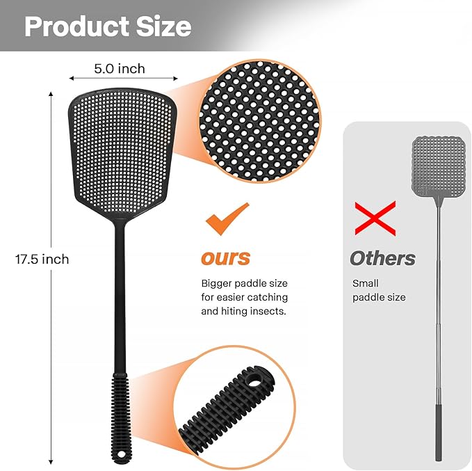 Fly Swatters-Begonia Flexible Heavy Duty Thick Fly Swatters with Bigger Paddle, Black 3 Pack