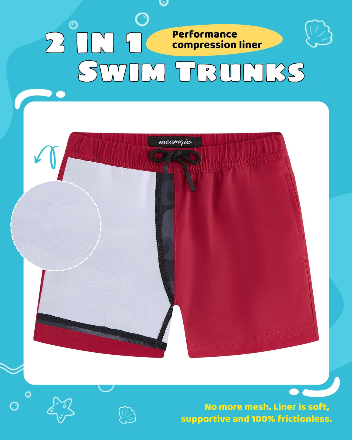 maamgic Boys Swim Trunks with Compression Liner Toddler Stretch Swim Shorts Quick Dry Swimming Trunks Boxer Brief 2 in 1 Beach Shorts Red 3T