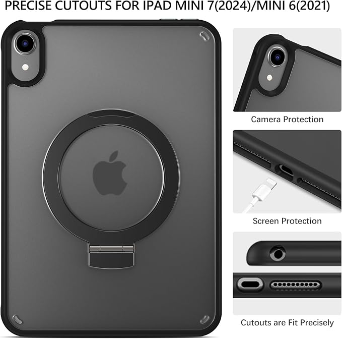 GUAGUA for iPad Mini 7 Case 2024 (A17 Pro) iPad Mini 7th/6th Generation Case with Stand(2024/2021) 8.3'' Translucent Matte Back Slim Shockproof Protective Kickstand Case for iPad Mini 7th/ 6th Black
