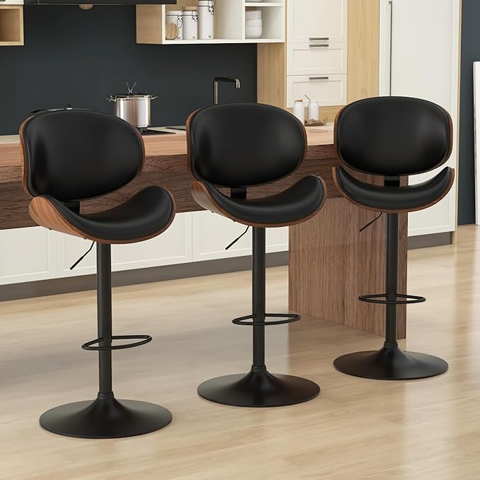 KCC Bar Stools Set of 3, Swivel Adjustable Height Barstools, PU Leather Upholstered Bar Chairs with Footrest, Bentwood Bar Stool for Kitchen, Bar, Dining Room(Black PU)
