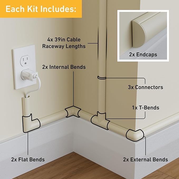 D-Line 13.12ft Cord Hider Kit, Patented Cable Cover, Hide Wires on Wall, Channel for TV Mount Cords, Raceway Wire Hiders, Paintable, Adhesive, Half Round, 4X 1.18in W x 0.59in H x 39in Lengths, Beige