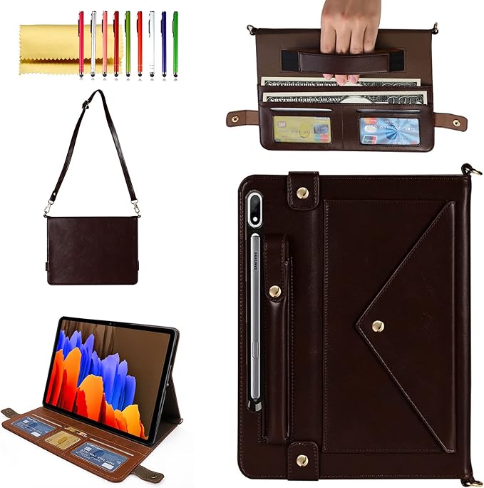 Handbag Case for Samsung Galaxy Tab S10 FE/S9 FE 10.9/S9/S8/S7 11 Techcircle Folio Stand Crossbody Wallet Protective Cover with S Pen Holder &amp Card Slots Hand Strap &amp Shoulder Strap Black