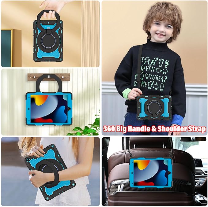 for iPad 9th 8th 7th Generation Case(iPad 10.2 inch) for Kids | 15ft Drop Protection Rugged with 360 Kickstand Handle Shoulder Strap，HD Screen Protector，Shockproof (2021/2020/2019 Release)