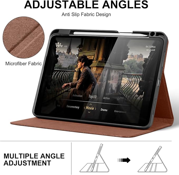 Leather Case for iPad (A16) 11th (11)/ 10th Generation (10.9) Full Grain LeatherProtective Smart Folio Cover with Pencil Holder Auto Sleep/WakeAnti Slip Black Silver