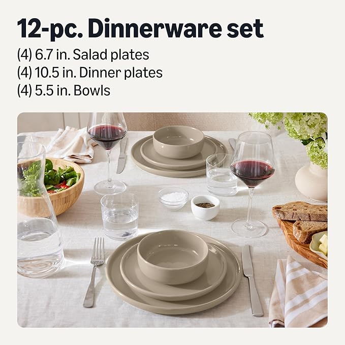 Amazon Basics Glazed Stoneware Dinnerware, Ceramic 12-Piece Set, 4 Full Place Settings, Dishwasher-Safe, Linen Gray