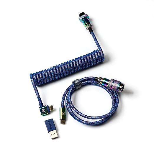 Keychron Premium Coiled USB-C Angled Purple Cable 5-Pin GX16 Detachable Metal Connector USB-A Adapter Double-Sleeved Design for Mechanical Keyboards Charging and Data Sync