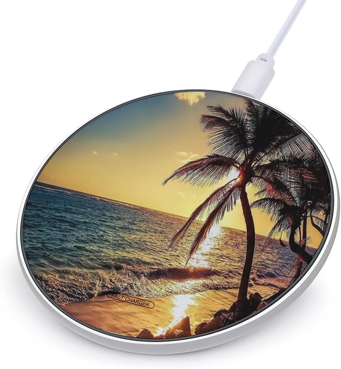 Night Beach View Wireless Charger Portable 10W Fast Wireless Charging Pad Compatible with Phone Ultra-Thin Charging Station Lightweight Charger Mat for Travel Home Office Desk