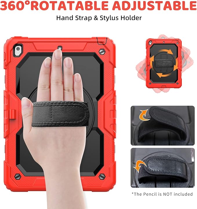 BLOSOMEET Case for iPad 9th Generation 8th Generation 2021 2020 10.2 Inch with Tempered Glass Screen Protector & Pencil Holder, Kids iPad 10.2 7th Gen Cover 2019 w/Stand Hand Shoulder Strap,Red